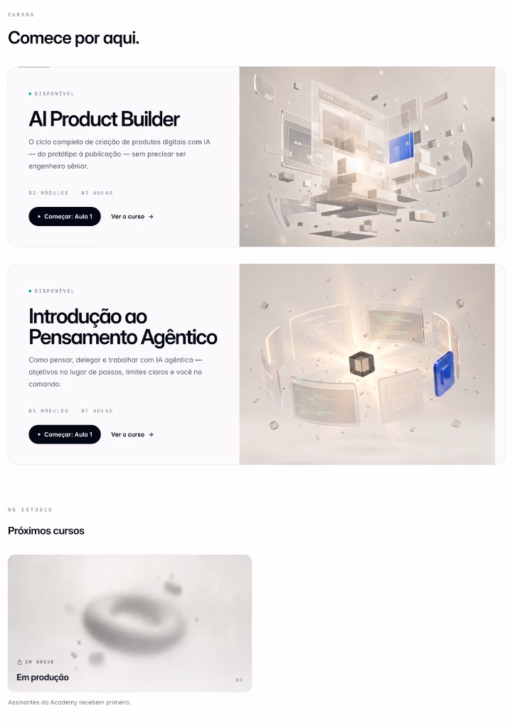 Cartões de curso do Academy: AI Product Builder e Introdução ao Pensamento Agêntico