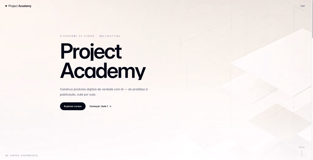 Página inicial do Project Academy: construa produtos digitais de verdade com IA, aula por aula
