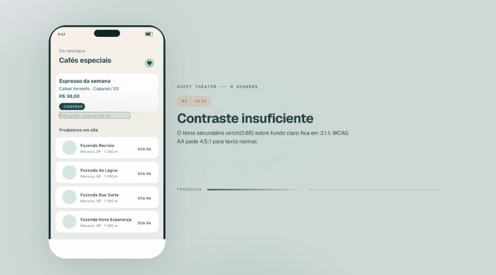 Teatro de auditoria: achado de contraste insuficiente sobre um mock SwiftUI de cafeteria especial
