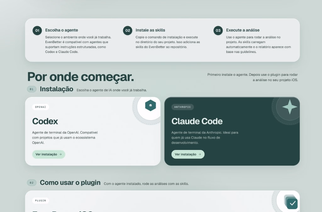 Primeiros passos: escolher Codex ou Claude Code e então instalar as skills do EvenBetter