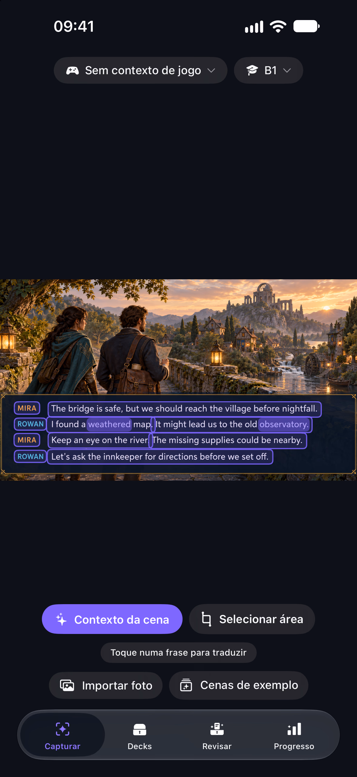 Looté’s Capture tab: a fantasy dialogue scene with every recognized sentence outlined