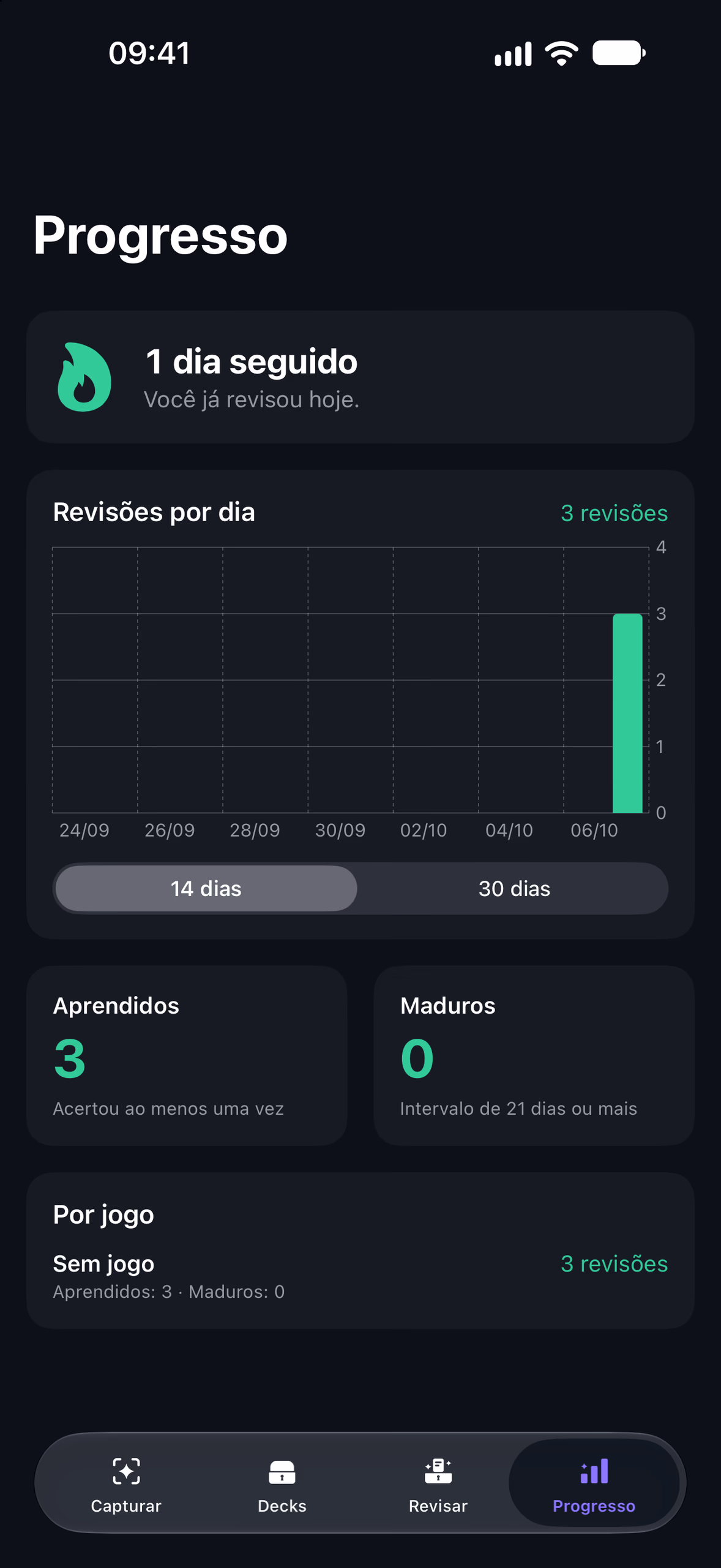 Progress tab with a one-day streak, a reviews-per-day chart, and learned and mature card counts