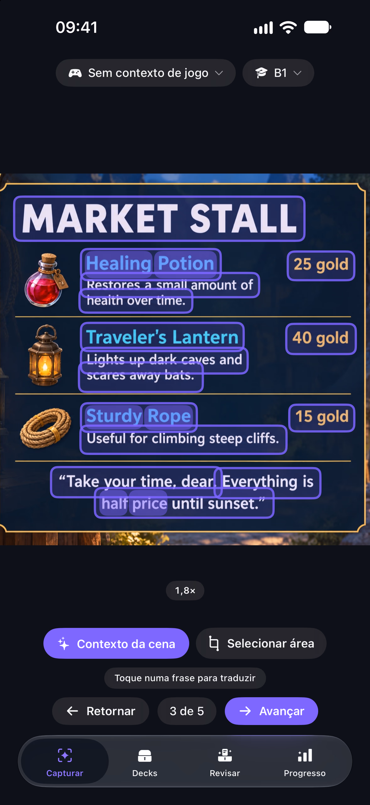 The third of five prints in a queue: a market stall whose item names, prices and descriptions are outlined
