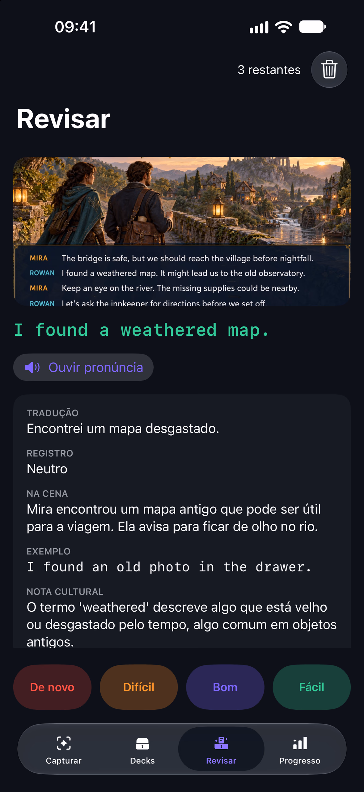 Review card for “I found a weathered map.” with the answer shown above the Again, Hard, Good and Easy buttons