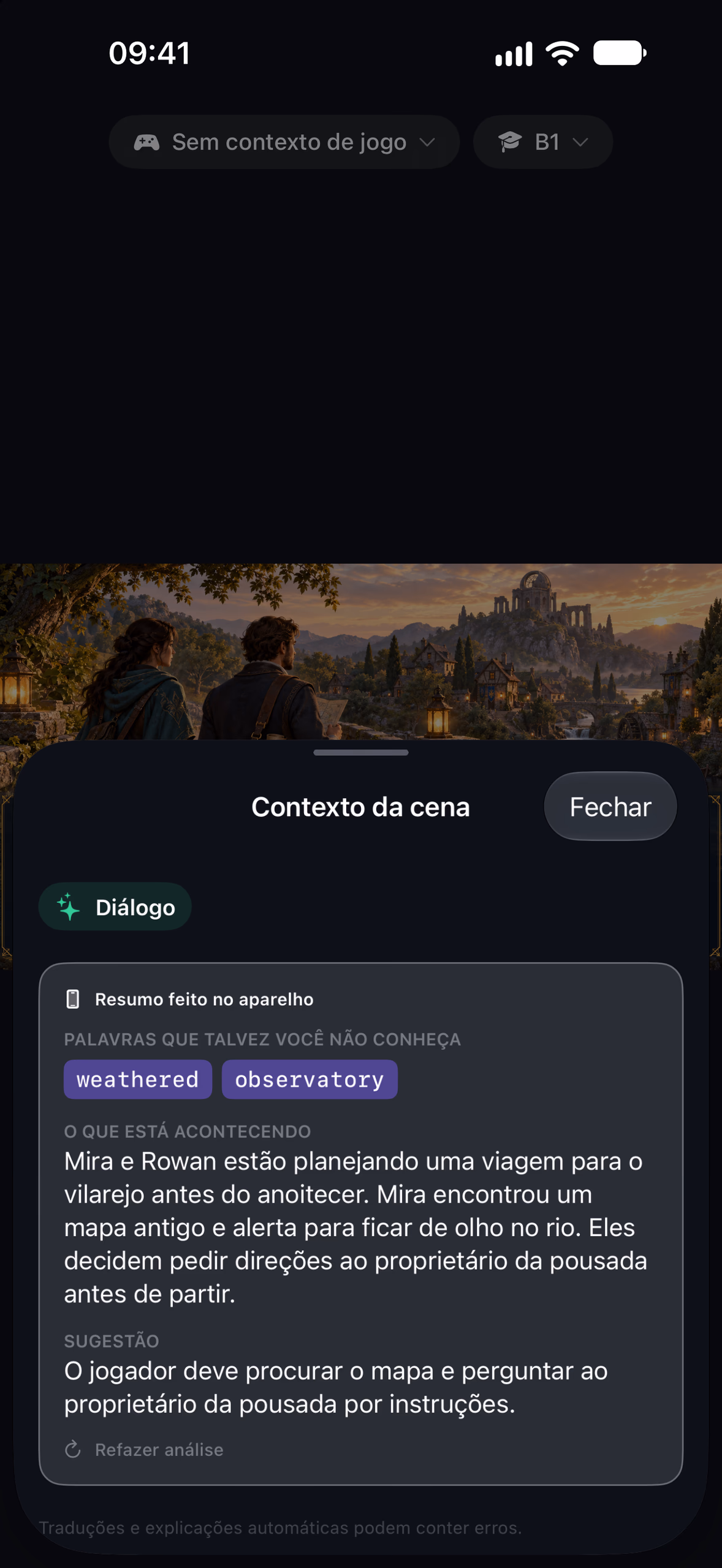 Scene context sheet with words you may not know, what is happening in the scene, and a suggestion