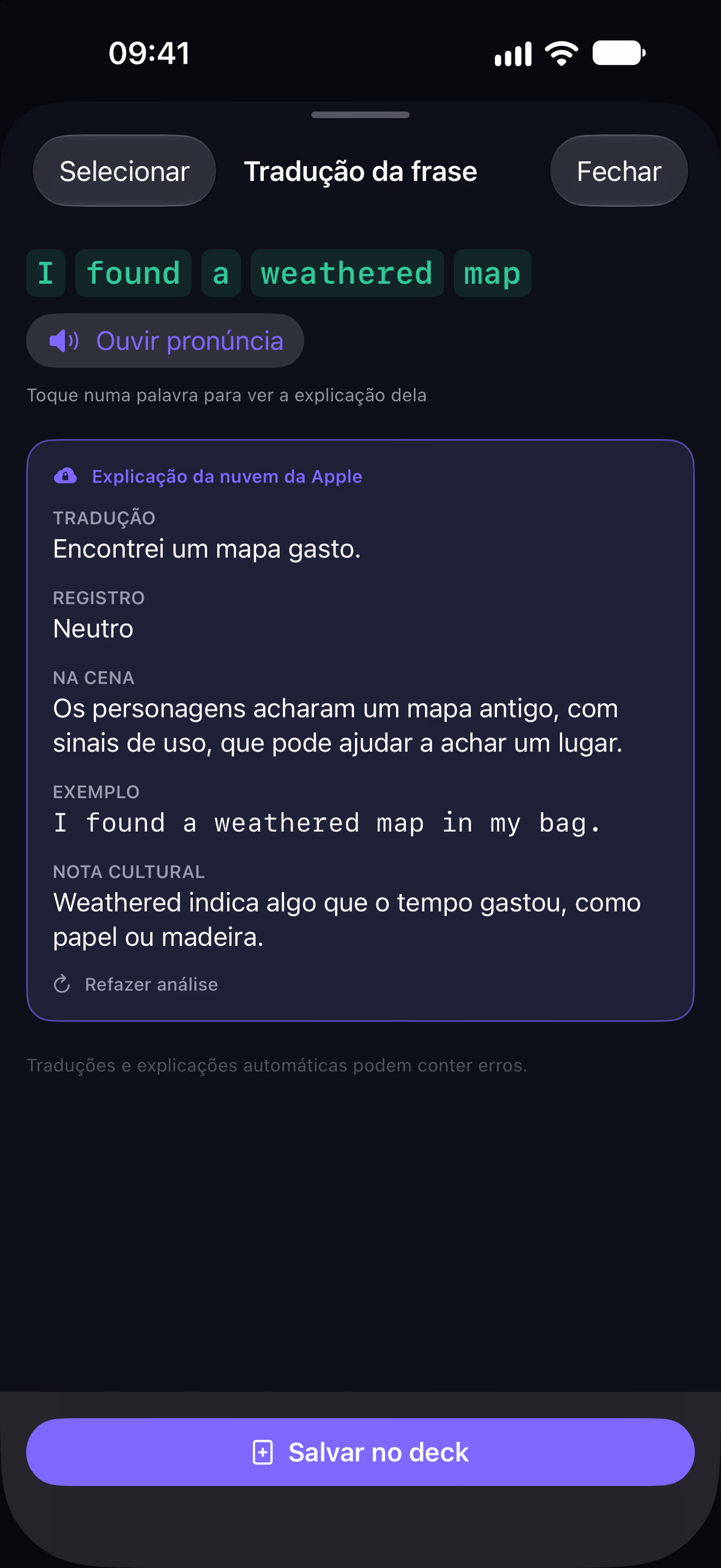 Sentence sheet for “I found a weathered map.” with Apple’s cloud card: translation, register, the scene, an example and a cultural note