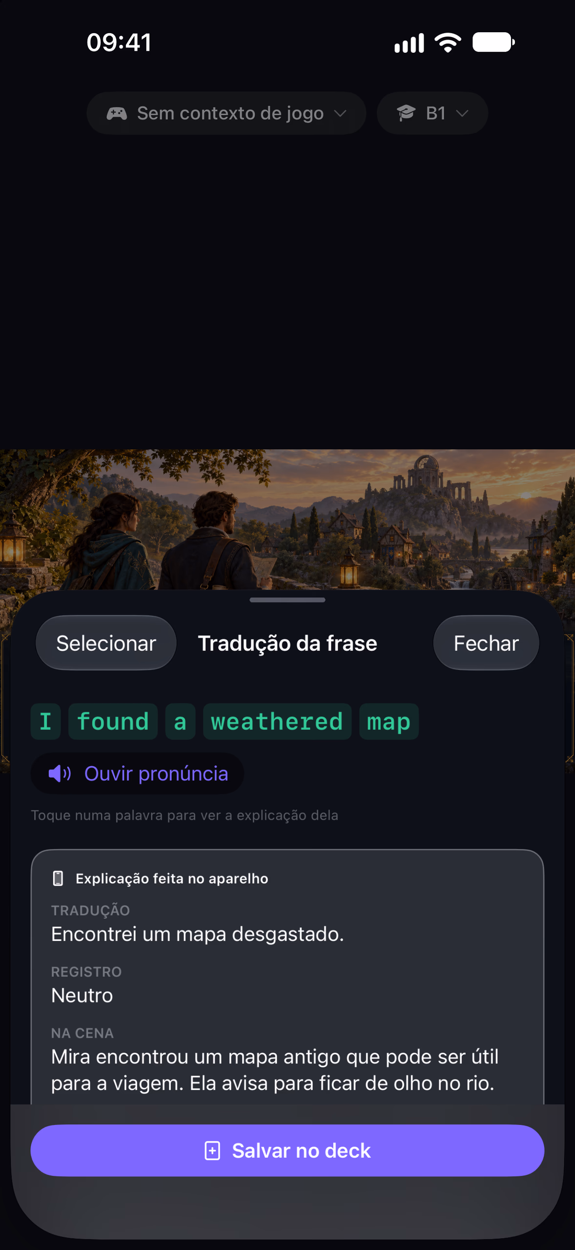 The same sentence explained by the on-device model, with its translation, register and what it means in the scene