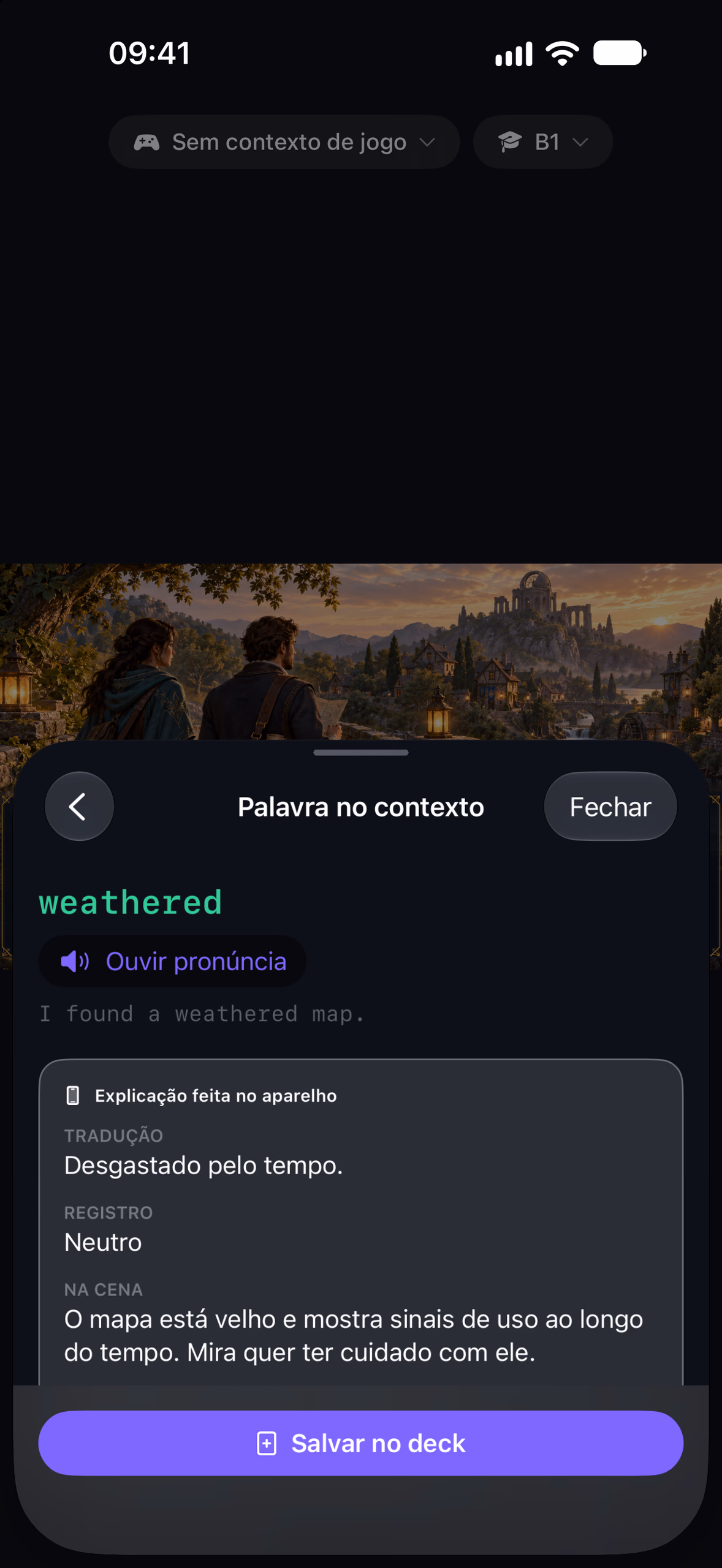 Word sheet for “weathered” with its source sentence and the on-device model’s explanation