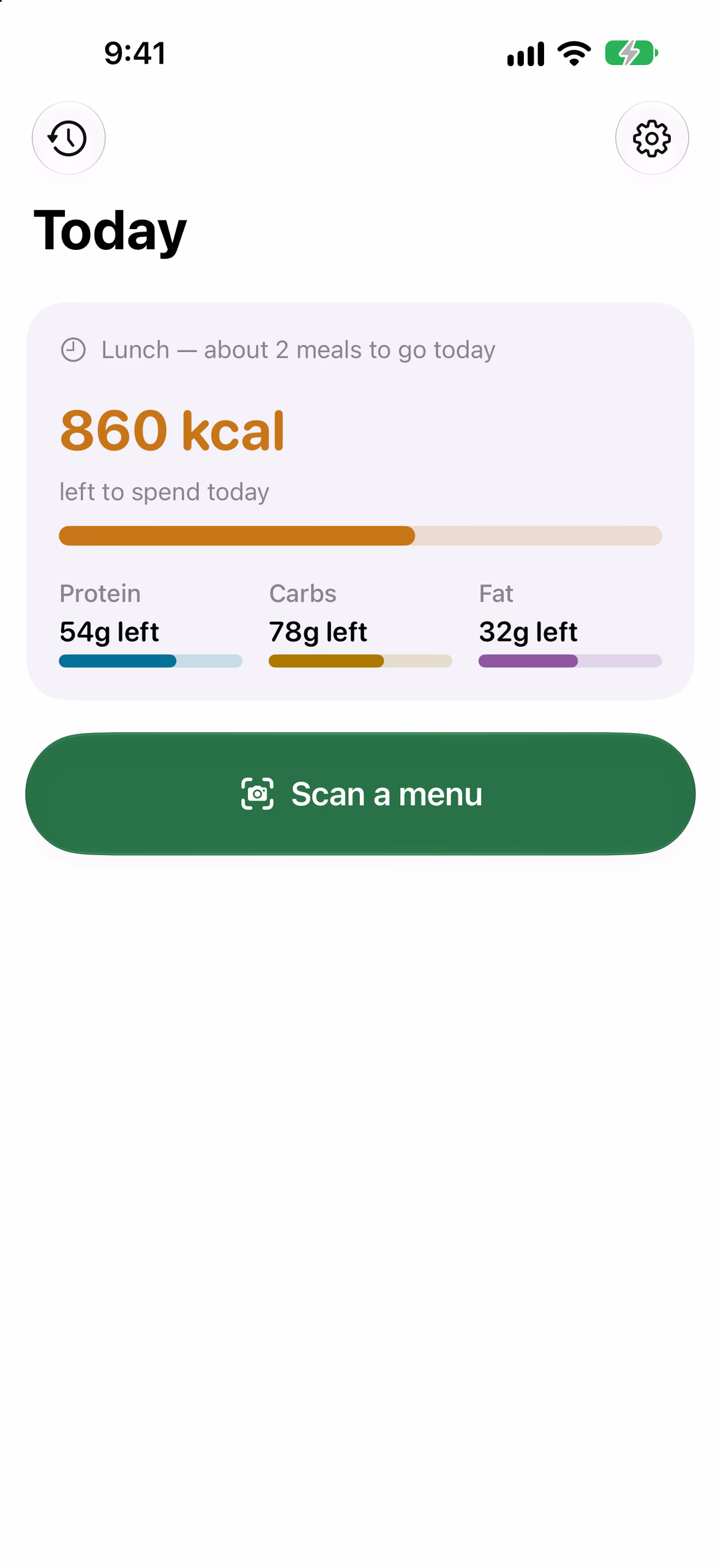 Tela Today mostrando 860 kcal para gastar no almoço, com a proteína, o carboidrato e a gordura que restam