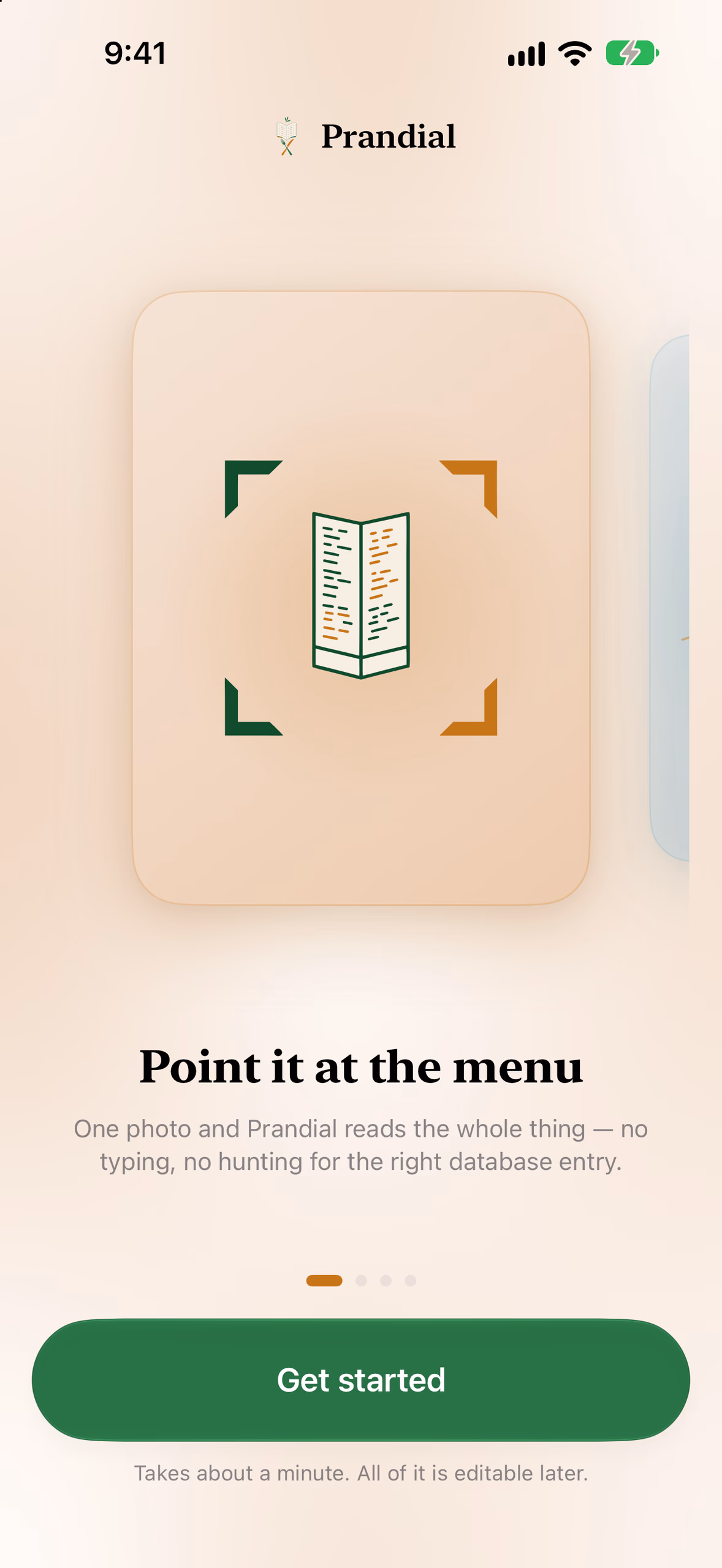 Primeiro cartão da introdução: um cardápio ilustrado dentro de cantos de escaneamento, com o título Point it at the menu