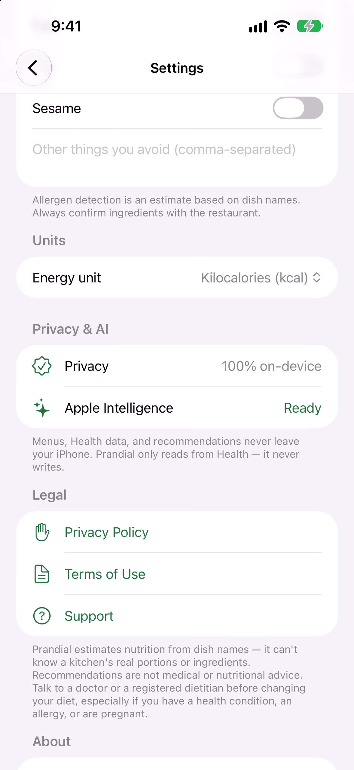 Ajustes mostrando a privacidade como 100% on-device, Apple Intelligence pronta e o aviso de que o Prandial só lê do Saúde