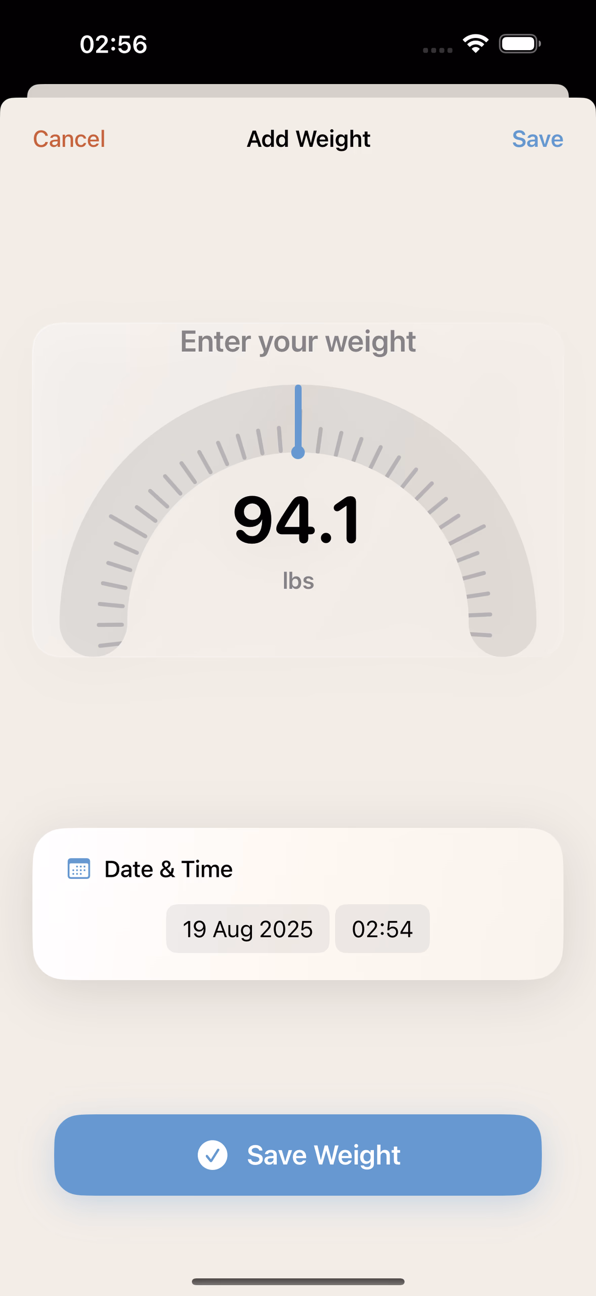 Tela de adicionar peso, com seletor em disco e campos de data e hora