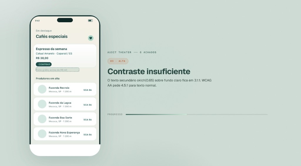 Teatro de auditoria: achado de contraste insuficiente sobre um mock SwiftUI de cafeteria especial