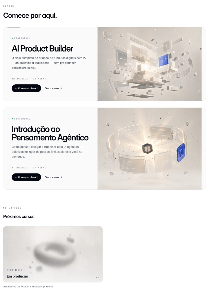 Cartões de curso do Academy: AI Product Builder e Introdução ao Pensamento Agêntico