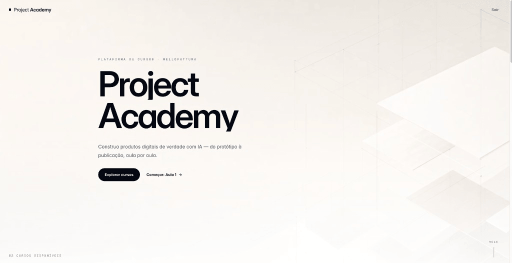 Página inicial do Project Academy: construa produtos digitais de verdade com IA, aula por aula