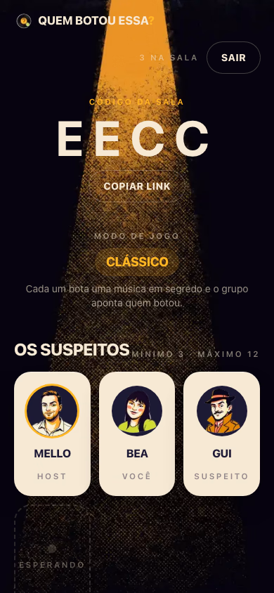 Mobile web lobby with three suspeito cards