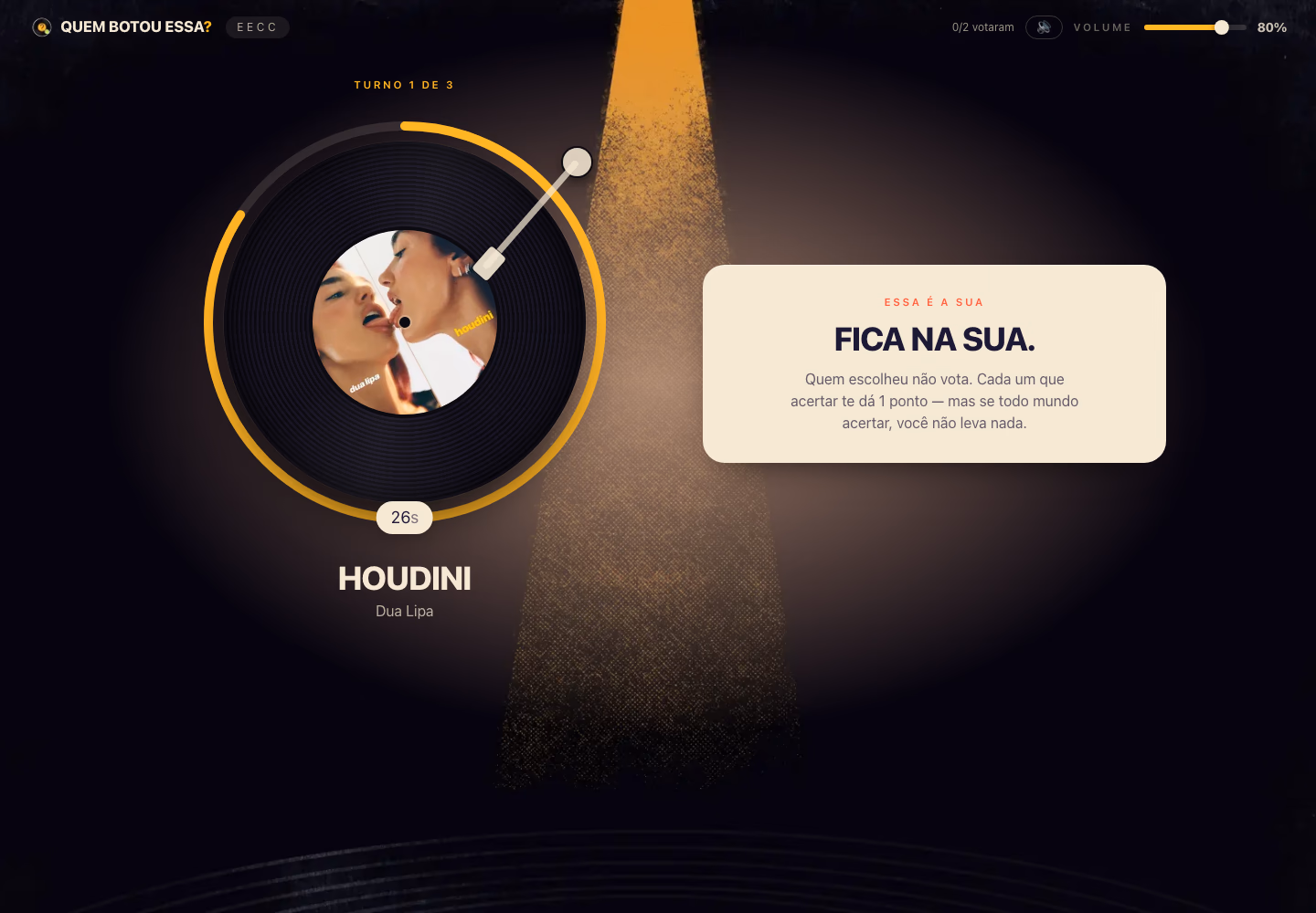 Houdini artwork on the vinyl timer with instructions for the player who picked the song