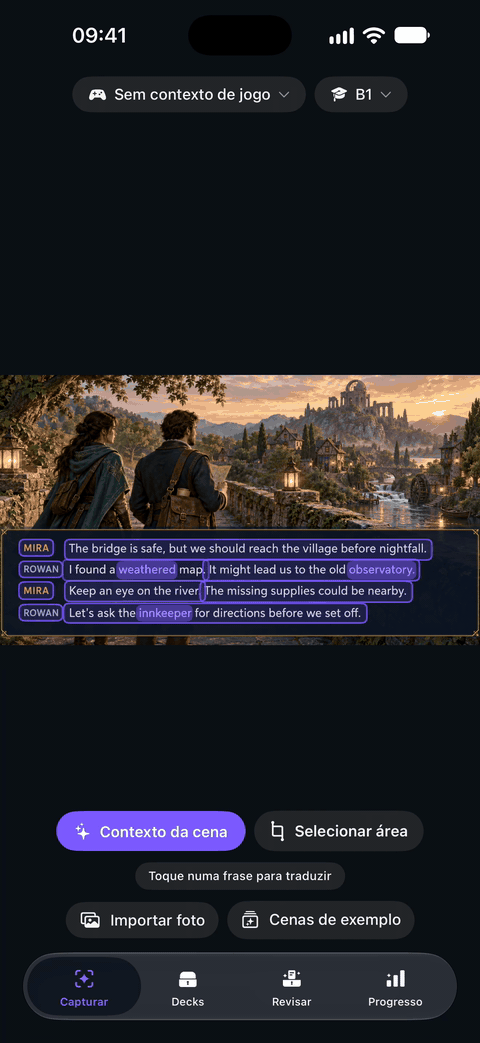 Screen recording: a tap on “I found a weathered map.” opens a sheet, Apple’s cloud fills in a purple explanation card, then a tap on “weathered” opens that word’s explanation